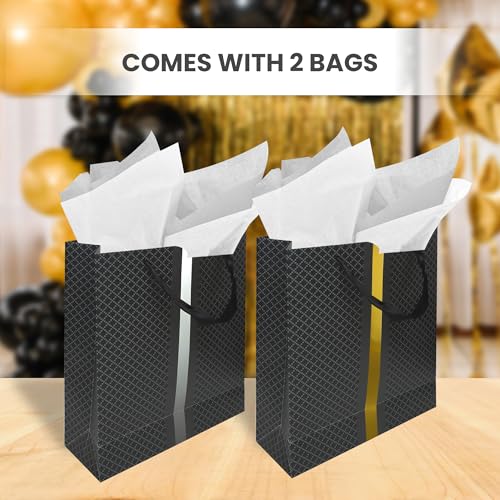RACHELLE'S Paper Gift Bag Assortment - Perfect for Birthdays, Father's Day, Parties, Holidays, and More (Black, Silver and Gold)