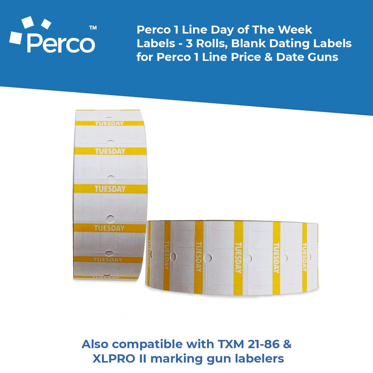 Perco 1 Line Day of The Week Labels - 3 Rolls, Blank Dating Labels for Perco 1 Line Price & Date Guns (Tuesday - 3 Rolls, 1 Line Labels)