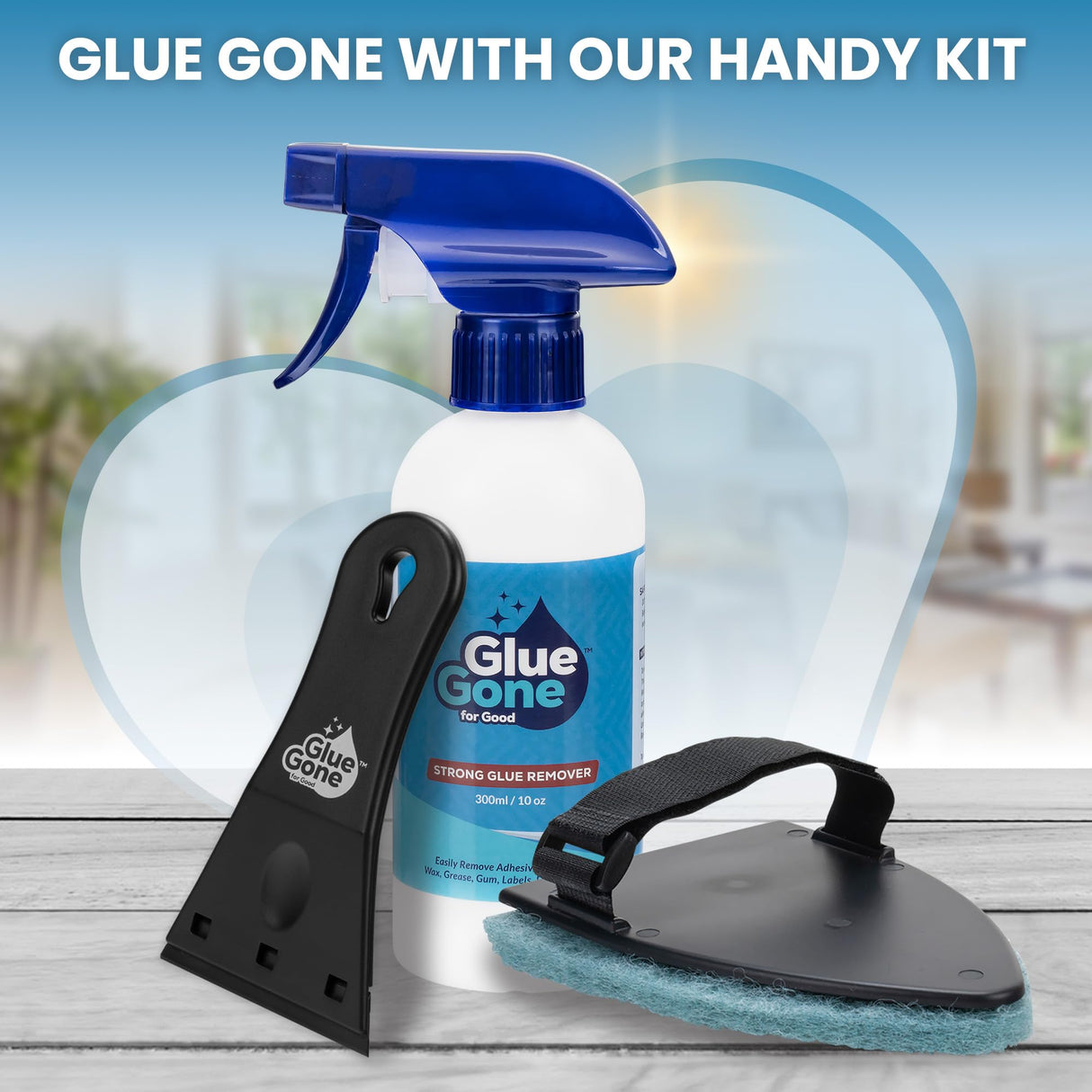 Glue Gone Advanced Cleaning Kit - Includes 10-oz Glue Remover, Scouring Pad, 3-in Scraper with 3 Replacement Blades - Complete Set for Kitchen, Household Cleaning - Removes Adhesives, Stains & More