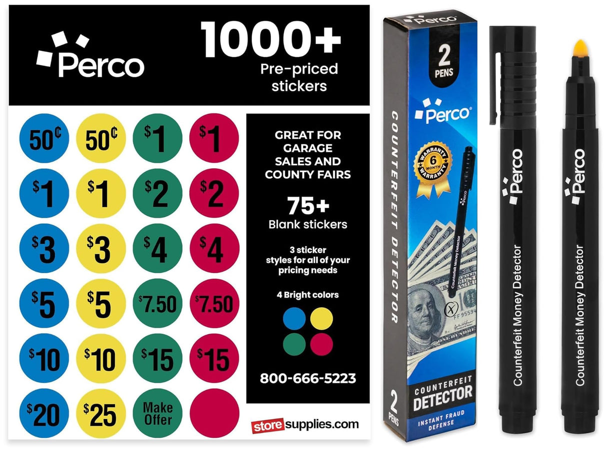 Perco Garage Sale Price Stickers with Counterfeit Money Detector Pens Kit - Includes 1000+ Pre-Priced & 75+ Blank Stickers and a Pack of 2 Fake US Bill Checker to Ensure Authenticity and Prevent Fraud