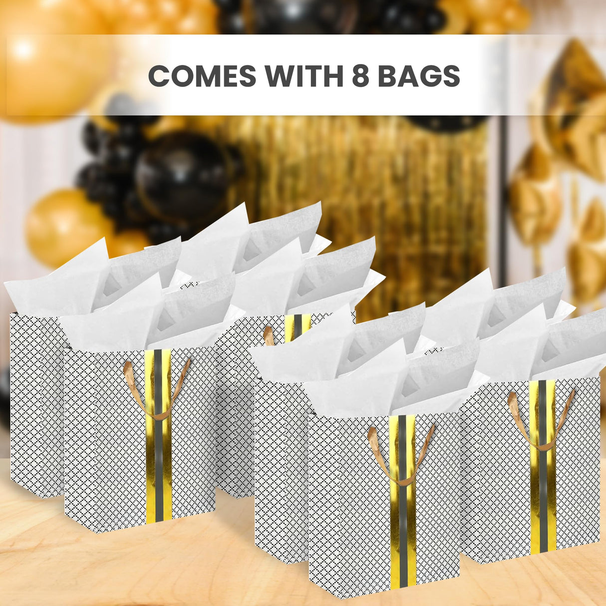 RACHELLE'S Paper Gift Bag Assortment - Perfect for Birthdays, Father's Day, Parties, Holidays, and More (Black, Silver and Gold)