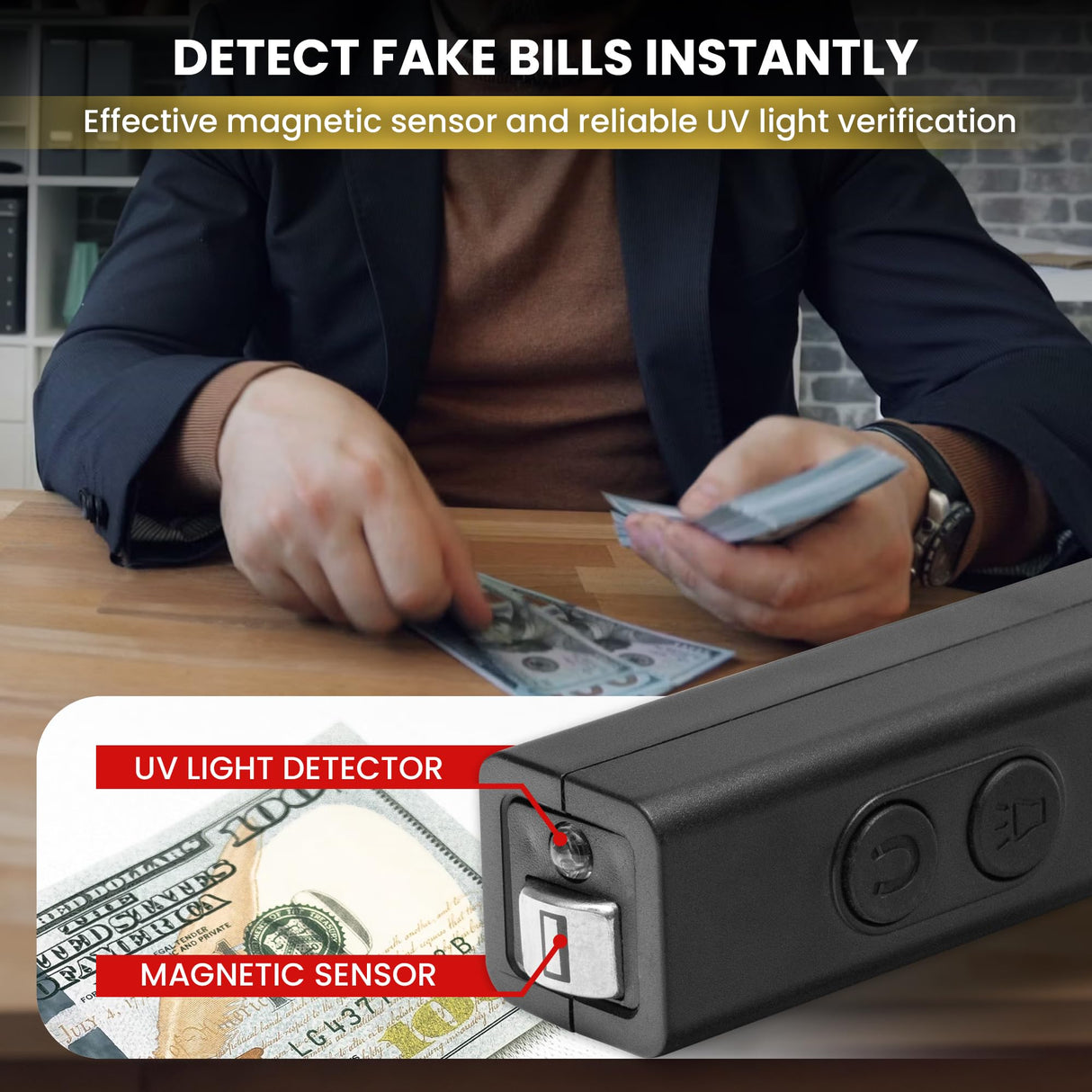 Perco Counterfeit Detector Pro - Portable & Reliable 2in1 Device with UV Light Detection & Magnetic Sensor - Fake US Bill Checker for Personal & Commercial Use - Ensures Authenticity & Prevents Fraud