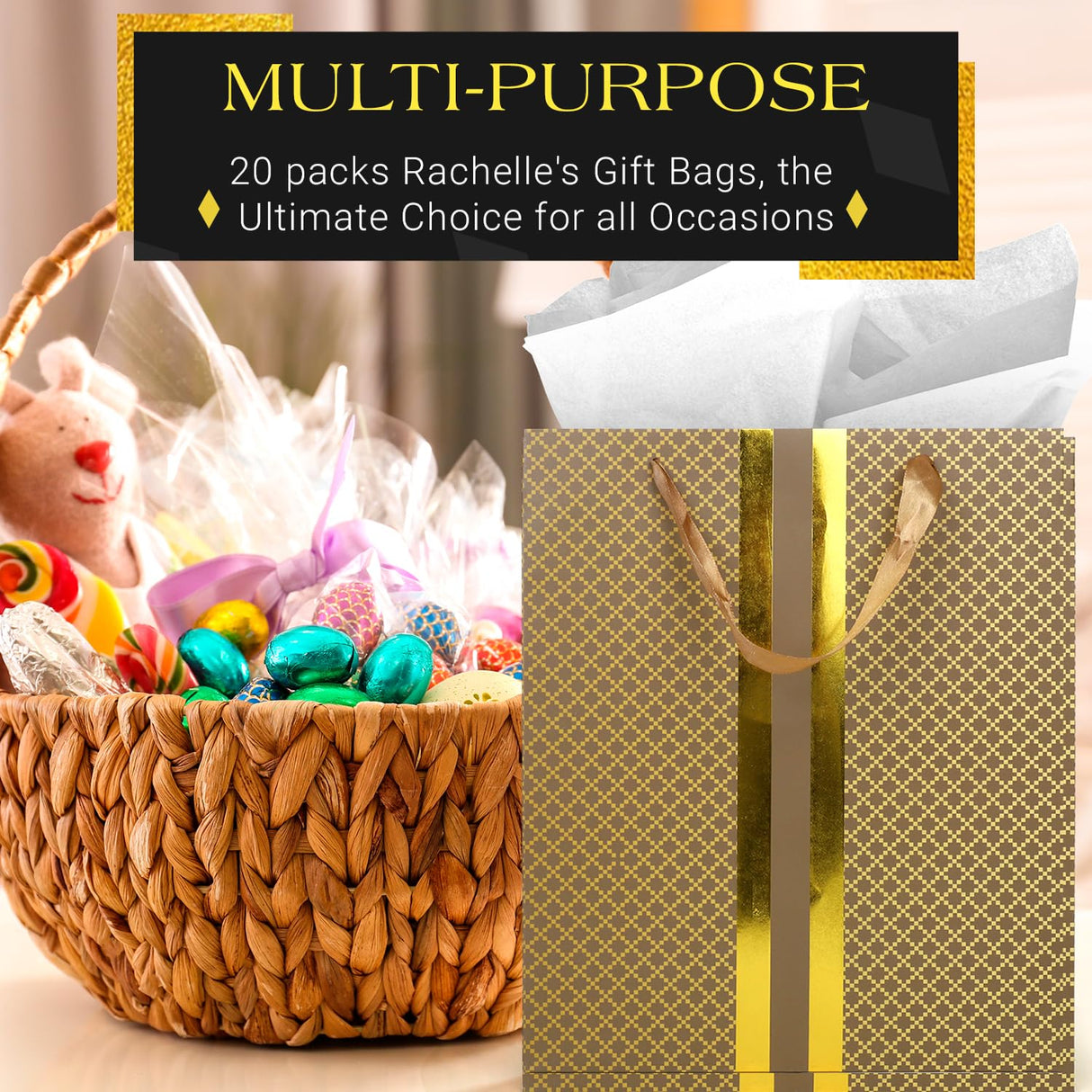 RACHELLE'S Paper Gift Bag Assortment - Perfect for Birthdays, Father's Day, Parties, Holidays, and More (Black, Silver and Gold)