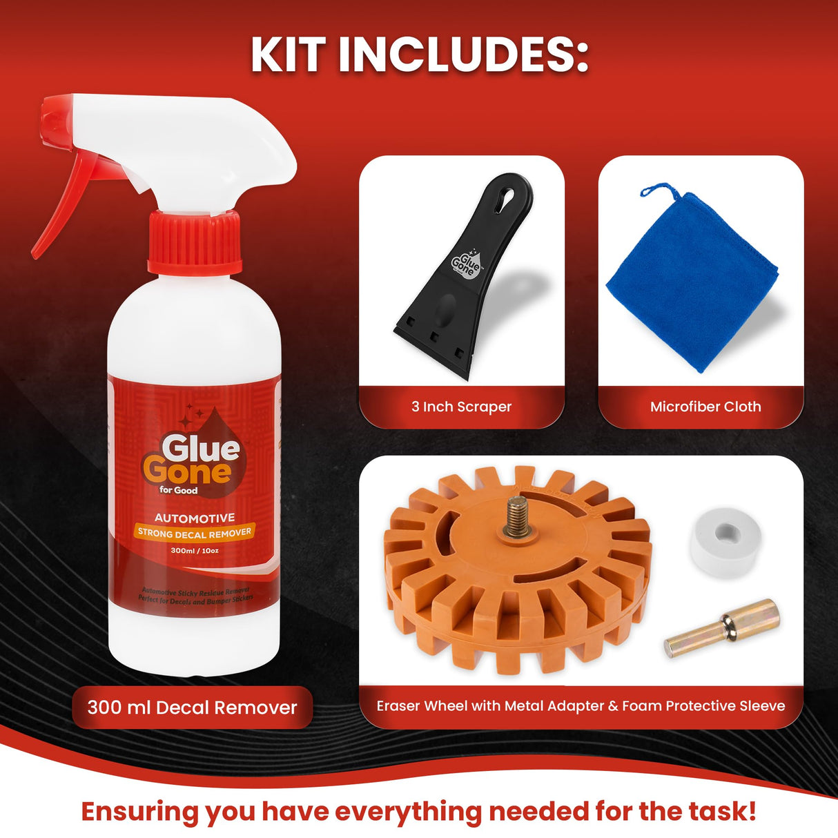 Glue Gone Decal Remover Kit - Includes 10-oz Adhesive Remover, Eraser Wheel, 3-in Label Scraper with 3 Replacement Blades - Complete Set for Removing Decals, Stickers, Adhesives from Cars, RVs, & More