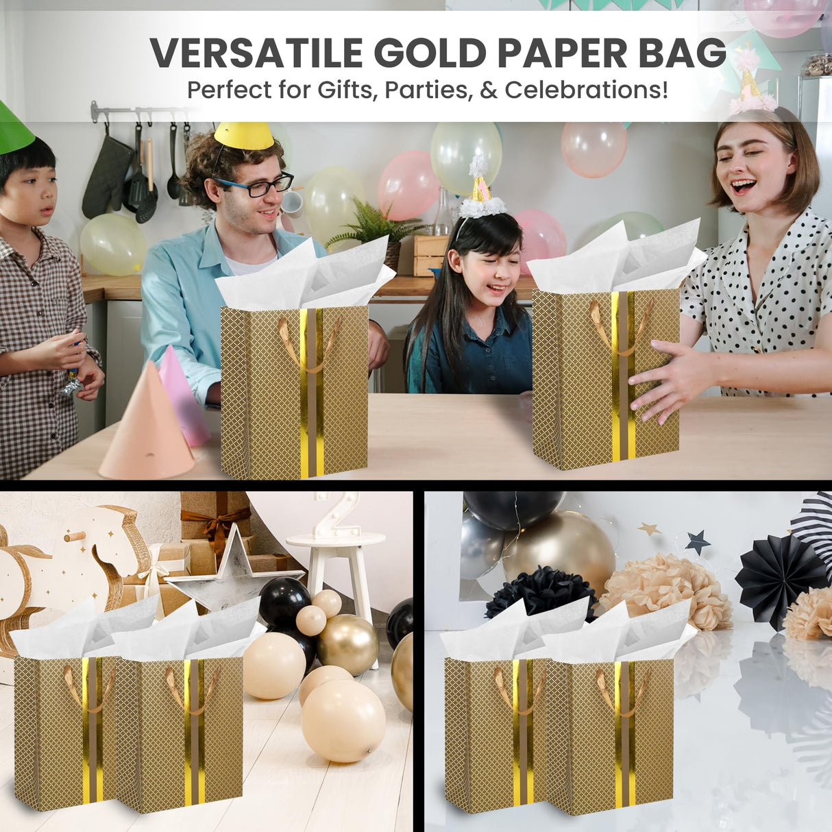 RACHELLE'S Paper Gift Bag Assortment - Perfect for Birthdays, Father's Day, Parties, Holidays, and More (Black, Silver and Gold)