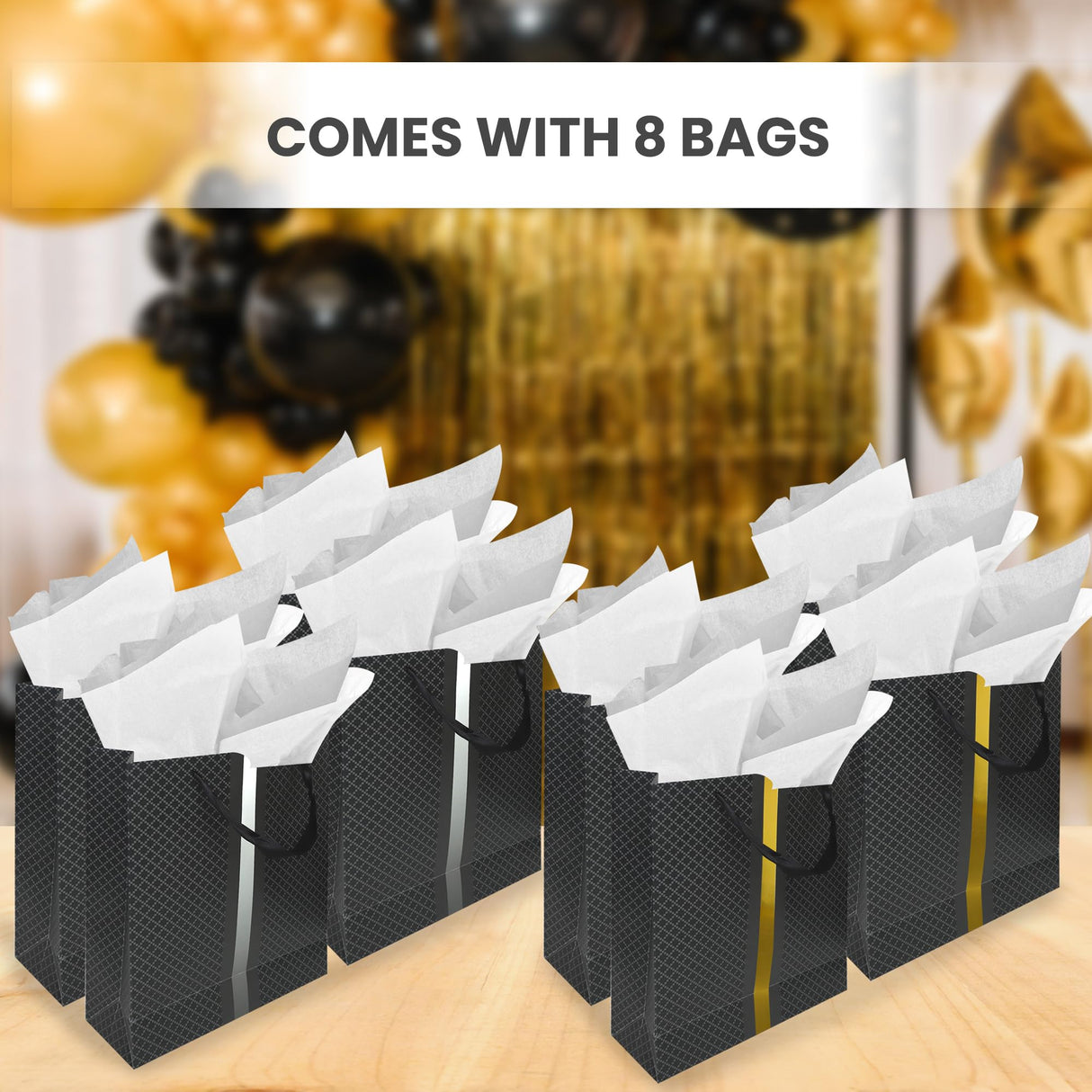 RACHELLE'S Paper Gift Bag Assortment - Perfect for Birthdays, Father's Day, Parties, Holidays, and More (Black, Silver and Gold)