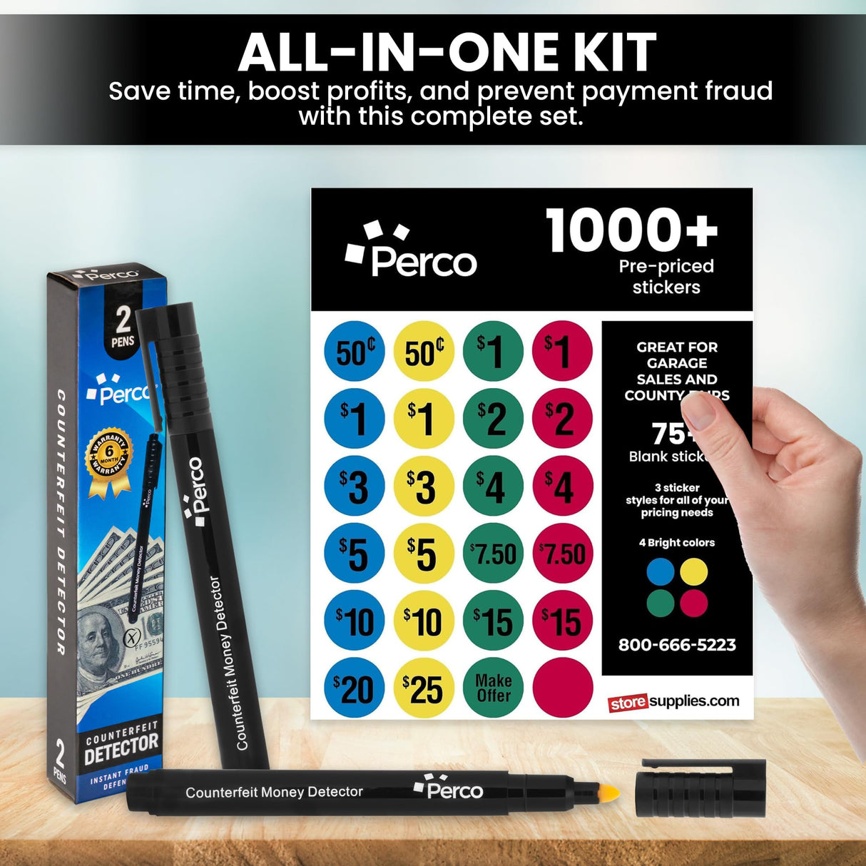 Perco Garage Sale Price Stickers with Counterfeit Money Detector Pens Kit - Includes 1000+ Pre-Priced & 75+ Blank Stickers and a Pack of 2 Fake US Bill Checker to Ensure Authenticity and Prevent Fraud