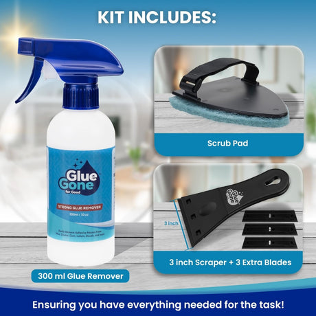 Glue Gone Advanced Cleaning Kit - Includes 10 - oz Glue Remover, Scouring Pad, 3 - in Scraper with 3 Replacement Blades - Complete Set for Cleaning. - Store Supplies