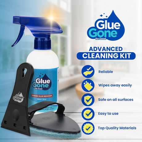 Glue Gone Advanced Cleaning Kit - Includes 10 - oz Glue Remover, Scouring Pad, 3 - in Scraper with 3 Replacement Blades - Complete Set for Cleaning. - Store Supplies
