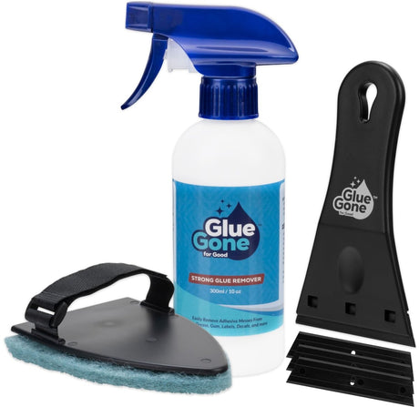 Glue Gone Advanced Cleaning Kit - Includes 10 - oz Glue Remover, Scouring Pad, 3 - in Scraper with 3 Replacement Blades - Complete Set for Cleaning. - Store Supplies