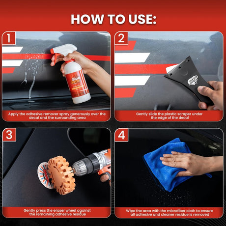 Glue Gone Decal Remover Kit - Includes 10 - oz Adhesive Remover, Microfiber Cloth, Eraser Wheel, 3 - inch Scraper with 3 Blades - Store Supplies