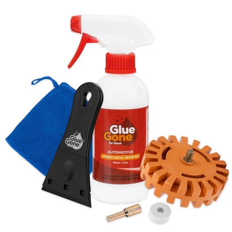 Glue Gone Decal Remover Kit - Includes 10 - oz Adhesive Remover, Microfiber Cloth, Eraser Wheel, 3 - inch Scraper with 3 Blades - Store Supplies