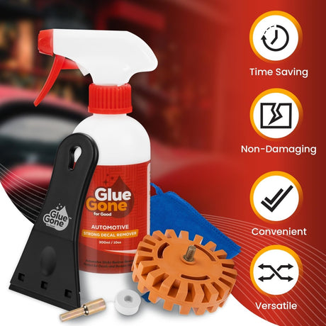 Glue Gone Decal Remover Kit - Includes 10 - oz Adhesive Remover, Microfiber Cloth, Eraser Wheel, 3 - inch Scraper with 3 Blades - Store Supplies