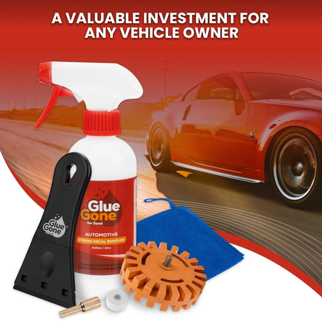 Glue Gone Decal Remover Kit - Includes 10 - oz Adhesive Remover, Microfiber Cloth, Eraser Wheel, 3 - inch Scraper with 3 Blades - Store Supplies