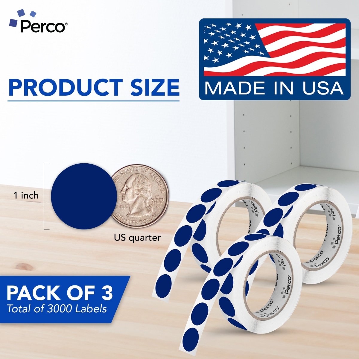 Perco 1 Inch Round Dot Sticker Labels – Permanent Adhesive - Dark Blue 3 Rolls / 1000 Labels Each / 3000 Labels Total