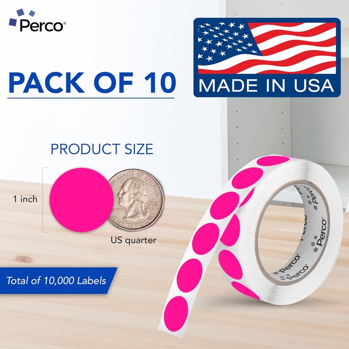 Perco 1 - Inch Round Circle Dot Sticker Labels – Easy Peel Perforation – Made in USA - Fluorescent Pink 10