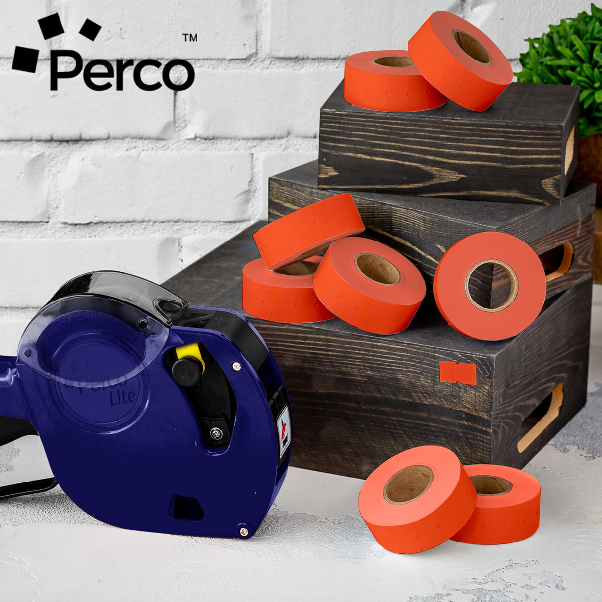 Perco 1 Line - Blank Price and Date Gun Labels for Perco Lite, X, Plus and Pro 1 Line Price and Date Guns - Fluorescent Red Package of 4 Sleeves / 32 Rolls / 32000 Blank Pricing Labels