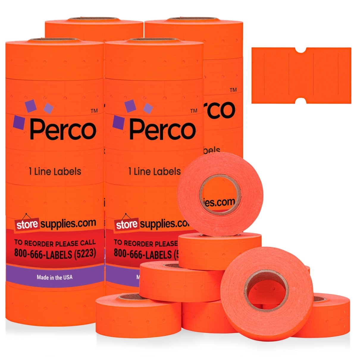 Perco 1 Line - Blank Price and Date Gun Labels for Perco Lite, X, Plus and Pro 1 Line Price and Date Guns - Fluorescent Red Package of 4 Sleeves / 32 Rolls / 32000 Blank Pricing Labels