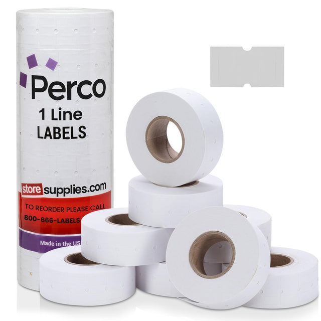 Perco 1 Line - Blank Price and Date Gun Labels for Perco Lite, X, Plus and Pro 1 Line Price and Date Guns - White 1 Sleeve / 8 Rolls / 8000 Blank Pricing Labels