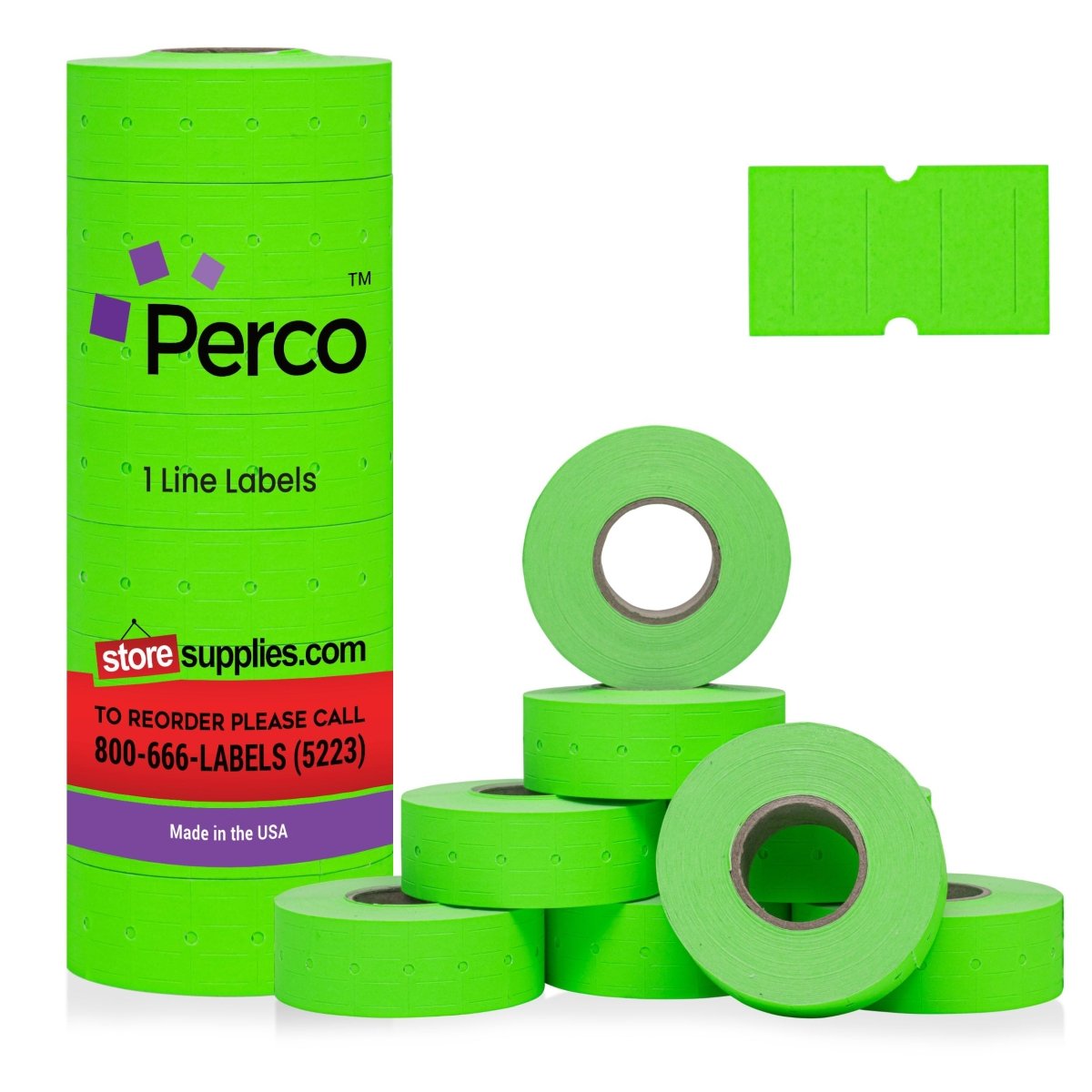 Perco 1 Line - Blank Price and Date Gun Labels for Perco Lite, X, Plus and Pro 1 Line Price and Date Guns - Fluorescent Green 1 Sleeve / 8 Rolls / 8000 Blank Pricing Labels