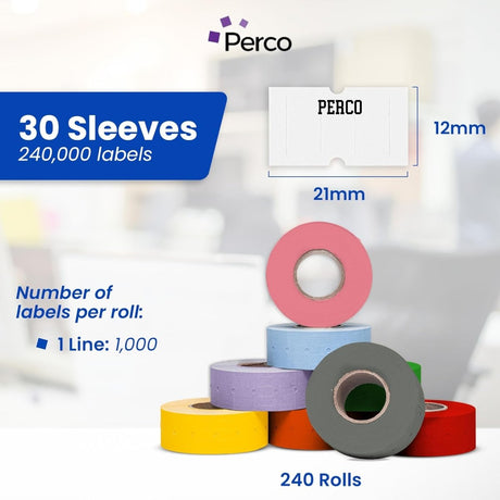 Perco 1 Line - Blank Price and Date Gun Labels for Perco Lite, X, Plus, and Pro 1 Line Price and Date Guns - Custom Labels Case of 30 Sleeves / 240 Rolls / 240000 Blank Pricing Labels
