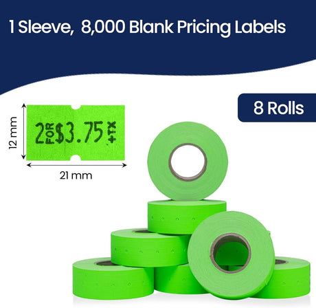 Perco 1 Line - Blank Price and Date Gun Labels for Perco Lite, X, Plus, and Pro 1 Line Price and Date Guns - Fluorescent Green 1 Sleeve / 8 Rolls / 8000 Blank Pricing Labels