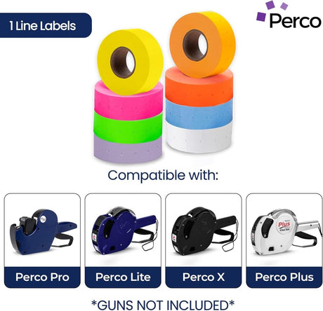 Perco 1 Line - Blank Price and Date Gun Labels for Perco Lite, X, Plus, and Pro 1 Line Price and Date Guns - Multicolored Case of 30 Sleeves / 240 Rolls / 240000 Blank Pricing Labels