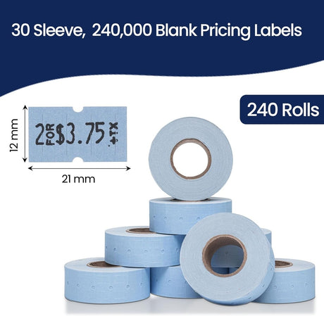 Perco 1 Line - Blank Price and Date Gun Labels for Perco Lite, X, Plus, and Pro 1 Line Price and Date Guns - Blue Case of 30 Sleeves / 240 Rolls / 240000 Blank Pricing Labels