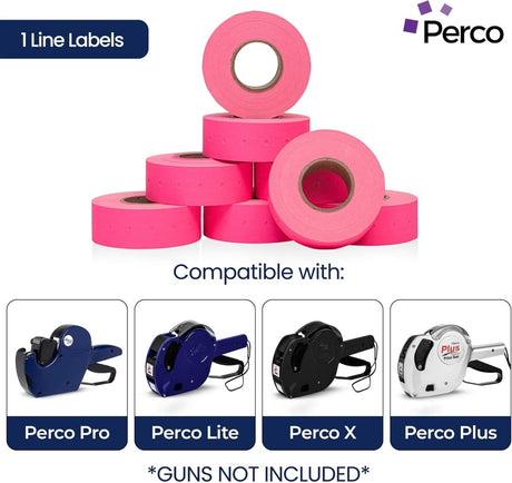 Perco 1 Line - Blank Price and Date Gun Labels for Perco Lite, X, Plus, and Pro 1 Line Price and Date Guns - Fluorescent Pink 1 Sleeve / 8 Rolls / 8000 Blank Pricing Labels