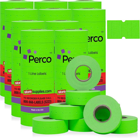Perco 1 Line - Blank Price and Date Gun Labels for Perco Lite, X, Plus, and Pro 1 Line Price and Date Guns - Fluorescent Green Package of 10 Sleeves / 80 Rolls / 80000 Blank Pricing Labels