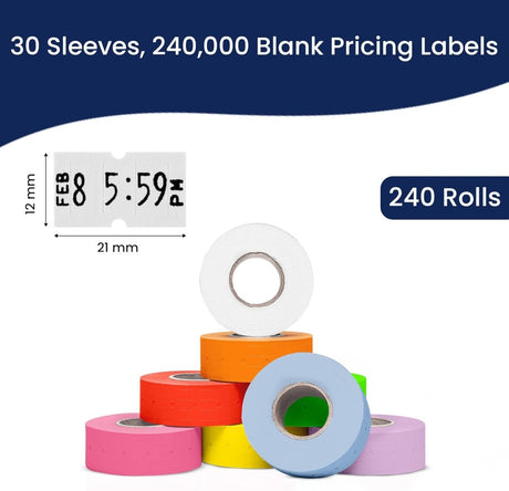 Perco 1 Line - Blank Price and Date Gun Labels for Perco Lite, X, Plus, and Pro 1 Line Price and Date Guns - Multicolored Case of 30 Sleeves / 240 Rolls / 240000 Blank Pricing Labels