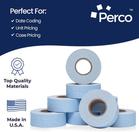 Perco 1 Line - Blank Price and Date Gun Labels for Perco Lite, X, Plus, and Pro 1 Line Price and Date Guns - Blue Case of 30 Sleeves / 240 Rolls / 240000 Blank Pricing Labels
