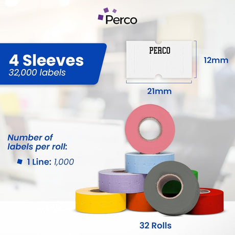 Perco 1 Line - Blank Price and Date Gun Labels for Perco Lite, X, Plus, and Pro 1 Line Price and Date Guns - Custom Labels Package of 4 Sleeves / 32 Rolls / 32000 Blank Pricing Labels