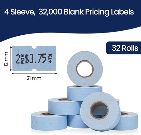 Perco 1 Line - Blank Price and Date Gun Labels for Perco Lite, X, Plus, and Pro 1 Line Price and Date Guns - Blue Package of 4 Sleeves / 32 Rolls / 32000 Blank Pricing Labels