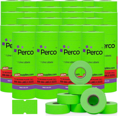 Perco 1 Line - Blank Price and Date Gun Labels for Perco Lite, X, Plus, and Pro 1 Line Price and Date Guns - Fluorescent Green Case of 30 Sleeves / 240 Rolls / 240000 Blank Pricing Labels
