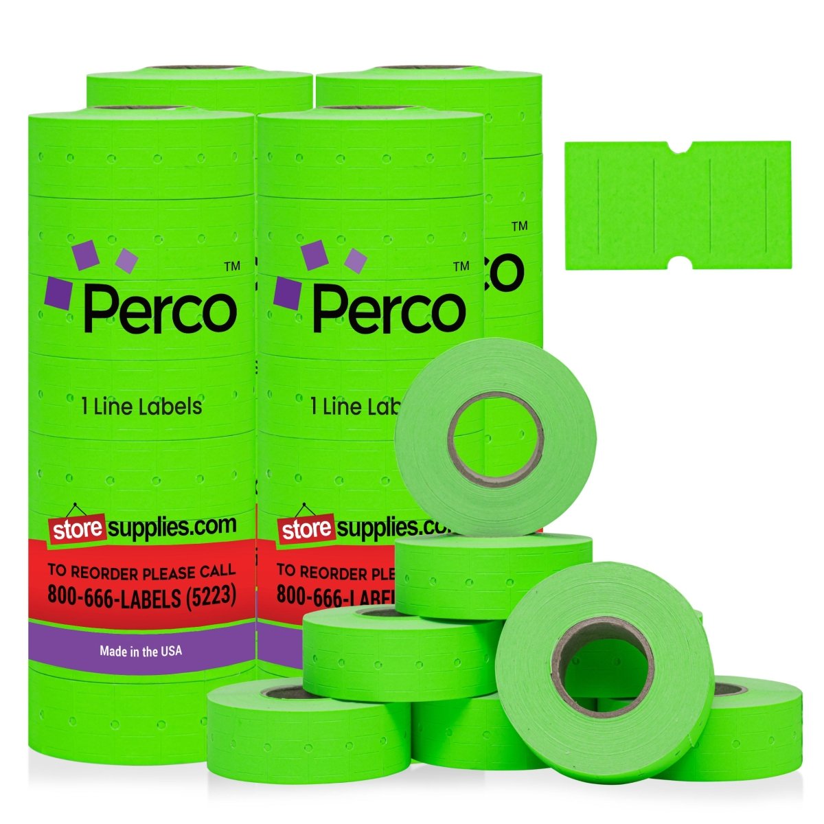 Perco 1 Line - Blank Price and Date Labeler Labels for Perco Lite, X, Plus, and Pro 1 Line Price and Date Labeler - Fluorescent Green Package of 4 Sleeves / 32 Rolls / 32000 Blank Pricing Labels