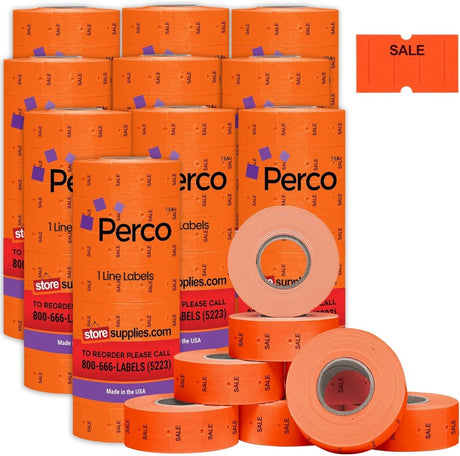Perco 1 Line - Blank Price and Date Gun Labels for Perco Lite, X, Plus, and Pro 1 Line Price and Date Guns - Fluorescent Red Sale Package of 10 Sleeves / 80 Rolls / 80000 Blank Pricing Labels