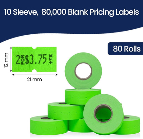 Perco 1 Line - Blank Price and Date Gun Labels for Perco Lite, X, Plus, and Pro 1 Line Price and Date Guns - Fluorescent Green Package of 10 Sleeves / 80 Rolls / 80000 Blank Pricing Labels