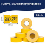 Perco 1 Line - Blank Price and Date Gun Labels for Perco Lite, X, Plus, and Pro 1 Line Price and Date Guns - Yellow 1 Sleeve / 8 Rolls / 8000 Blank Pricing Labels