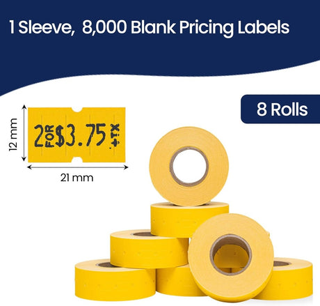 Perco 1 Line - Blank Price and Date Gun Labels for Perco Lite, X, Plus, and Pro 1 Line Price and Date Guns - Yellow 1 Sleeve / 8 Rolls / 8000 Blank Pricing Labels