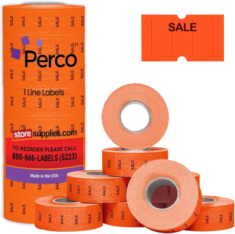 Perco 1 Line - Blank Price and Date Gun Labels for Perco Lite, X, Plus, and Pro 1 Line Price and Date Guns - Fluorescent Red Sale 1 Sleeve / 8 Rolls / 8000 Blank Pricing Labels