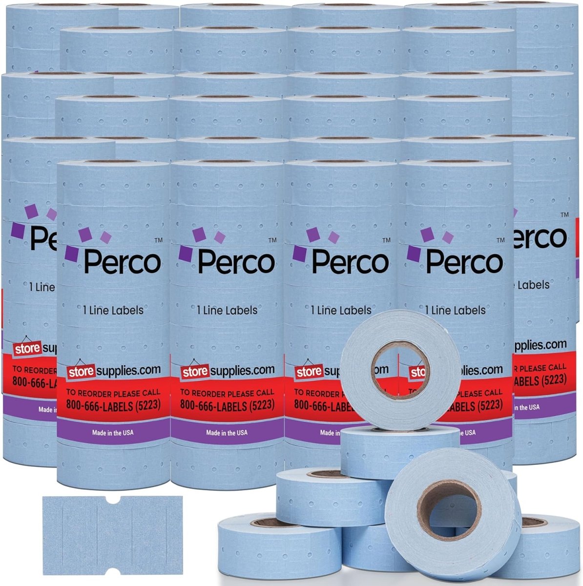 Perco 1 Line - Blank Price and Date Gun Labels for Perco Lite, X, Plus, and Pro 1 Line Price and Date Guns - Blue Case of 30 Sleeves / 240 Rolls / 240000 Blank Pricing Labels