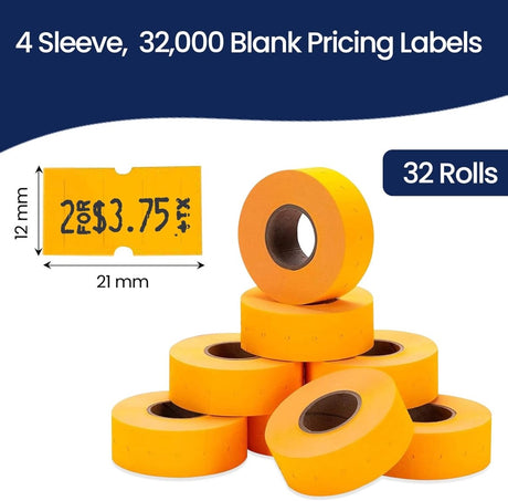 Perco 1 Line - Blank Price and Date Gun Labels for Perco Lite, X, Plus, and Pro 1 Line Price and Date Guns - Fluorescent Orange Package of 4 Sleeves / 32 Rolls / 32000 Blank Pricing Labels