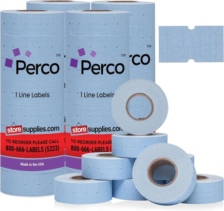 Perco 1 Line - Blank Price and Date Gun Labels for Perco Lite, X, Plus, and Pro 1 Line Price and Date Guns - Blue Package of 4 Sleeves / 32 Rolls / 32000 Blank Pricing Labels
