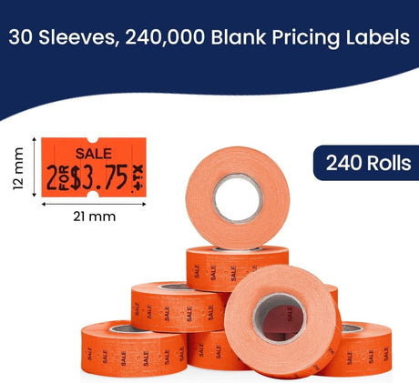 Perco 1 Line - Blank Price and Date Gun Labels for Perco Lite, X, Plus, and Pro 1 Line Price and Date Guns - Fluorescent Red Sale Case of 30 Sleeves / 240 Rolls / 240000 Blank Pricing Labels