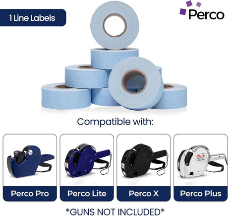 Perco 1 Line - Blank Price and Date Gun Labels for Perco Lite, X, Plus, and Pro 1 Line Price and Date Guns - Blue Package of 4 Sleeves / 32 Rolls / 32000 Blank Pricing Labels