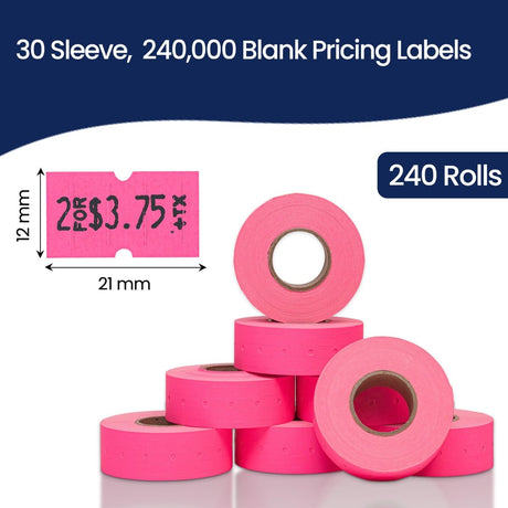 Perco 1 Line - Blank Price and Date Gun Labels for Perco Lite, X, Plus, and Pro 1 Line Price and Date Guns - Fluorescent Pink Case of 30 Sleeves / 240 Rolls / 240000 Blank Pricing Labels