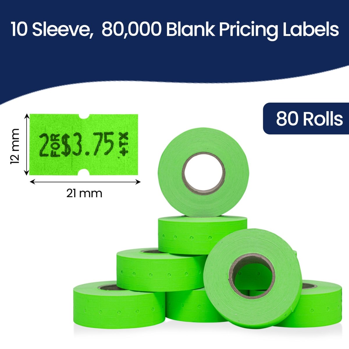 Perco 1 Line - Blank Price and Date labeler Labels for Perco Lite, X, Plus and Pro 1 Line Price and Date Labeler (Copy) - Fluorescent Green 10 Sleeves / 80 Rolls / 80000 Blank Pricing Labels