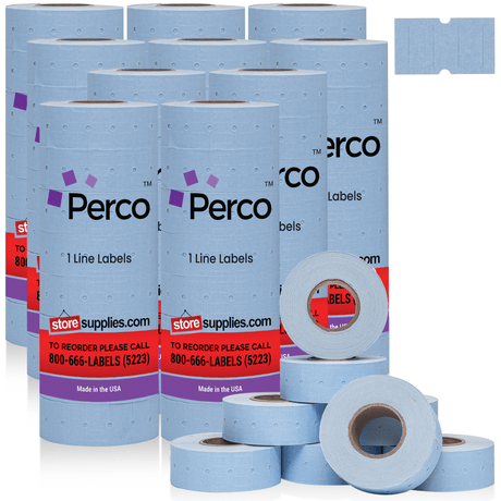 Perco 1 Line - Blank Price and Date labeler Labels for Perco Lite, X, Plus and Pro 1 Line Price and Date Labeler (Copy) - Blue 10 Sleeves / 80 Rolls / 80000 Blank Pricing Labels