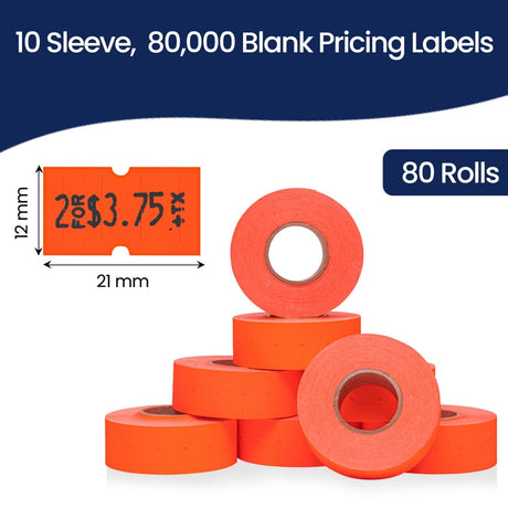 Perco 1 Line - Blank Price and Date labeler Labels for Perco Lite, X, Plus and Pro 1 Line Price and Date Labeler (Copy) - Fluorescent Red 10 Sleeves / 80 Rolls / 80000 Blank Pricing Labels